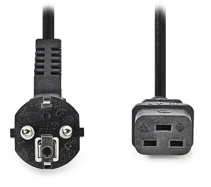 NEDIS napájací kábel 230V/ prípojný 16A/ konektor IEC-320-C19/ uhlová zástrčka Schuko/ čierny/ bulk/ 2m Kábel, napájací, 230V, prípojný 16A, konektor IEC-320-C19, uhlová zástrčka Schuko, 2m, čierny