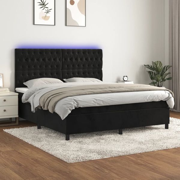vidaXL Posteľ boxsping s matracom a LED čierna 180x200 cm zamat