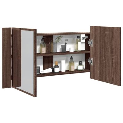 vidaXL LED kúpeľňová zrkadlová skrinka hnedý dub 90x12x45 cm akryl