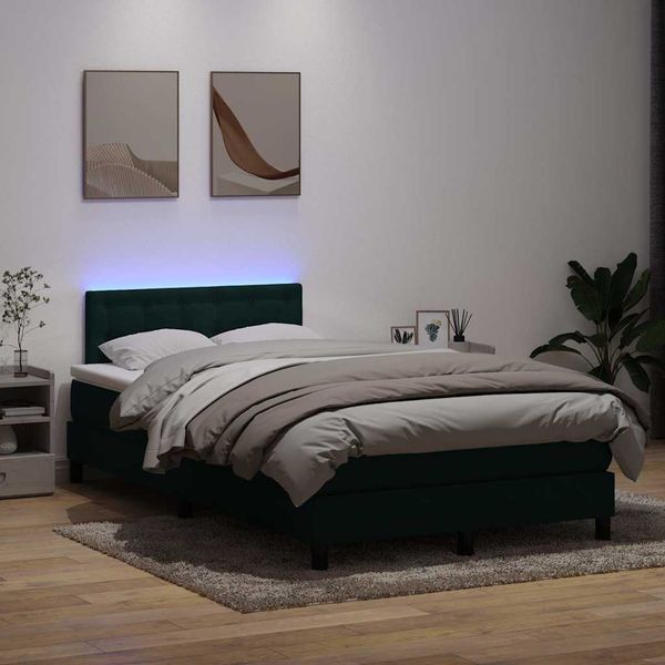 vidaXL Posteľný rám boxsping s matracom a LED tmavozelený 120x210 cm zamat