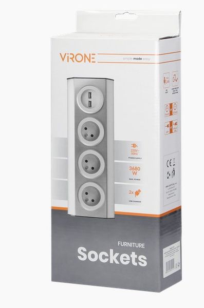 Povrchová rohová zásuvka ORNO VIRONE FS-3, 3x 230V, 2xUSB, nerez
