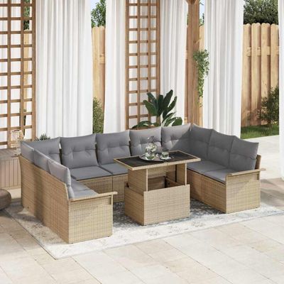 vidaXL Súprava záhradných pohoviek s vankúšom 10 pcs Béžová Poly ratan