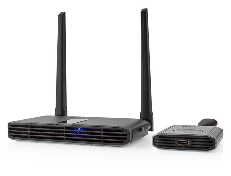 Nedis VTRA3460GY - Sada pro bezdrátový přenos HDMI™ signálu| 1080p | 2,4 - 5 GHz | 30 m | 1.65 Gbps | Wi-Fi | Šedá Bezdrátový HDMI™ extender, Full HD 1080p, 30 m dosah, HDMI™ + VGA výstup, AirPlay/Miracast/DLNA, 3,5 mm audio, cerný