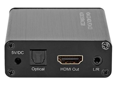 NEDIS HDMI extraktor/ HDMI vstup/ TosLink zásuvka/ 1x 3.5 mm/ 1x HDMI výstup/ 4K@60Hz/ 18 Gbps/ kov/ antracit HDMI extraktor, 4K@60Hz, 18 Gbps, TosLink, 3.5mm jack, Dolby TrueHD, DTS-HD, kovový, antracit