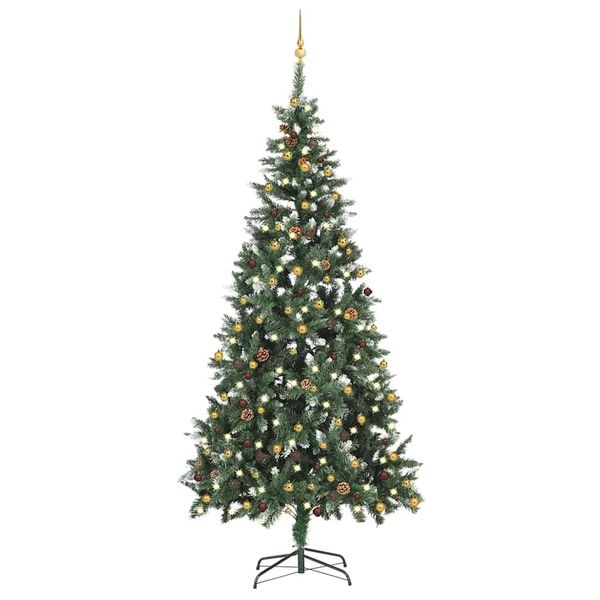 vidaXL Osvetlený umelý vianočný stromček s guľami 210 cm