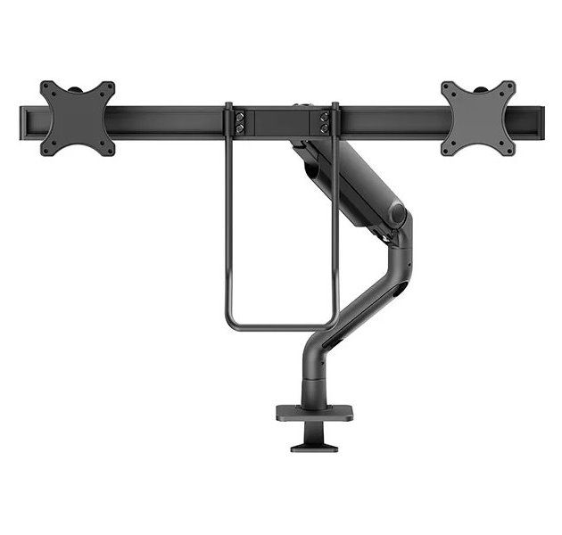 Neomounts DS75S-950BL2/Držák displeje/na stůl/17-27"/svorka+průch./VESA 100X100/nosn.2x8kg/plyn.píst/2 dis Držák, VESA, stolní, pro 2 ploché monitory, úhloprícka 17"–27", náklon 120°, otácení 180°, rotace 360°, nosnost 2×8kg, cerný