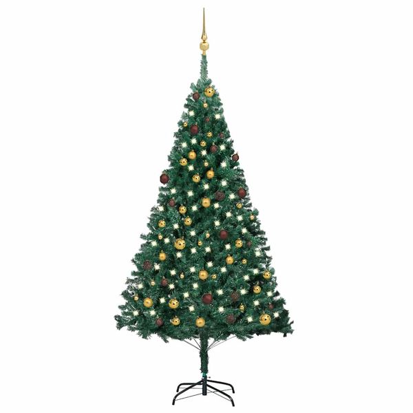vidaXL Osvetlený umelý vianočný stromček s guľami, zelený 210 cm, PVC