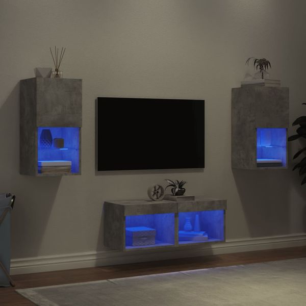 vidaXL 4-dielne TV nástenné skrinky s LED svetlami betónovo sivé