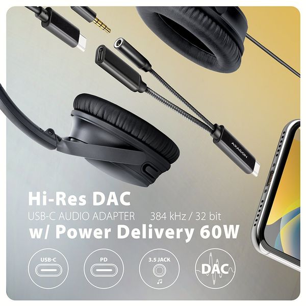 AXAGON ADA-HCPD, USB-C na 3.5mm jack - Hi-Res DAC audio adaptér, 384kHz/32bit, stereo, PD 60W 3A Adaptér, zvuková karta, USB-C 2.0 na 3,5mm jack + USB-C, DAC prevodník, 384kHz/32bit, 10cm, PD 60W, čierny