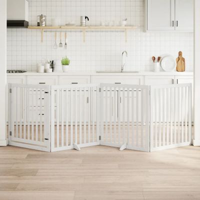 vidaXL Brána pre psa s dverami sklad. 4pan. biela 320cm topoľové drevo