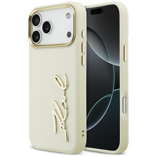 Karl Lagerfeld puzdro z PU kože s logom Karl script a kovovými tlačidlami fotoaparátu pre iPhone 17 Pro Max béžová