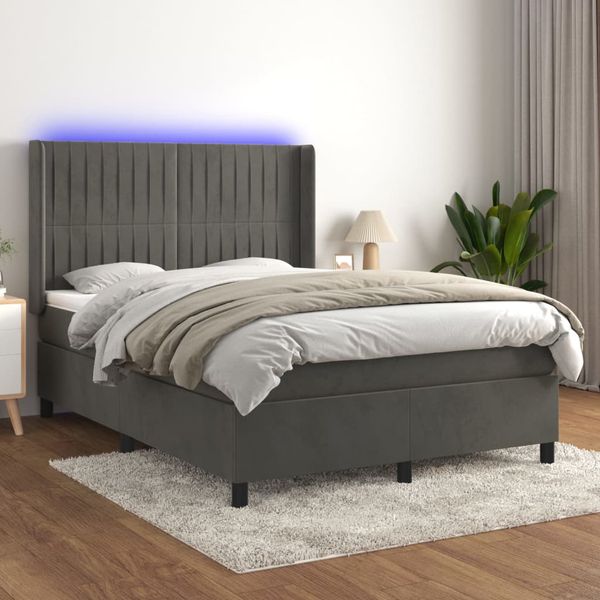 vidaXL Posteľ boxsping s matracom a LED tmavosivá 140x190 cm zamat