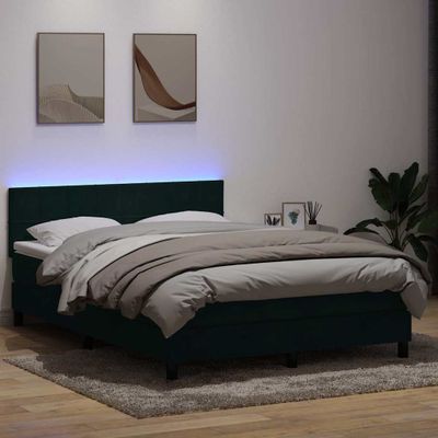 vidaXL Posteľný rám boxsping s matracom a LED tmavozelený 140x210 cm zamat