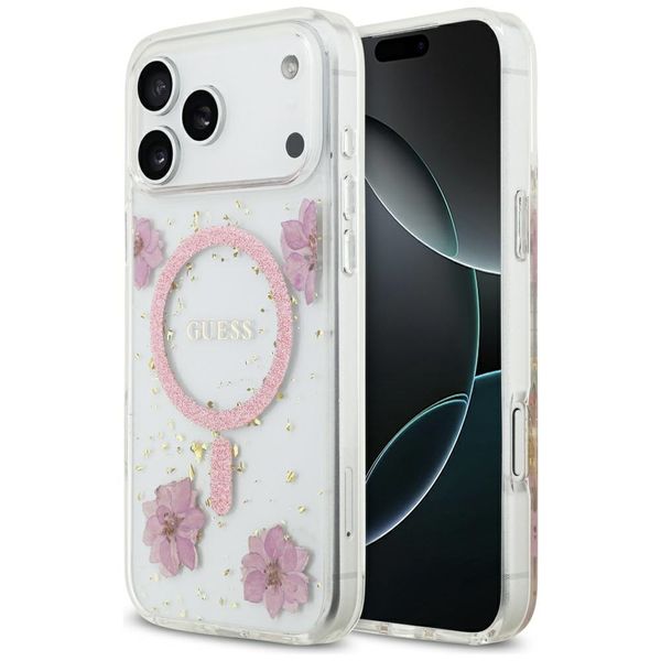 Puzdro Guess Resin Flowers Glitter MagSafe pre iPhone 17 Pro Max ružová