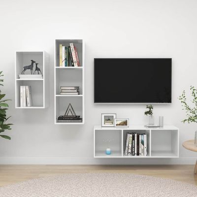 vidaXL 3-dielna súprava TV skriniek, lesklá biela, kompozitné drevo