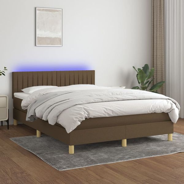 vidaXL Posteľ boxsping s matracom a LED tmavohnedá 140x200 cm látka