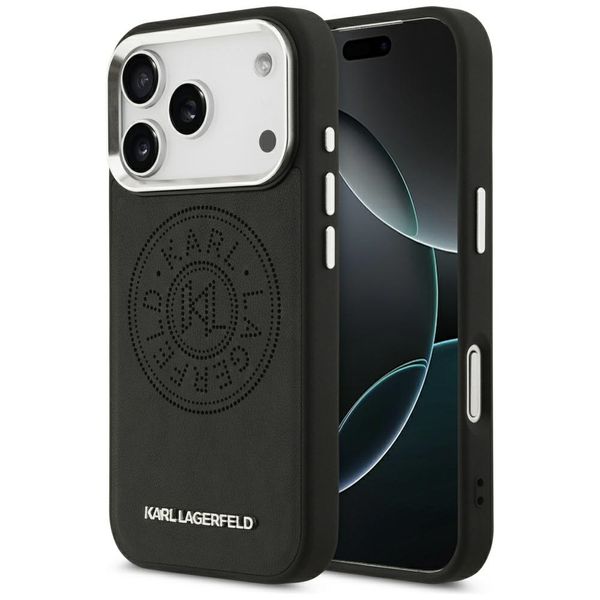 Karl Lagerfeld puzdro Magsafe PU puzdro s Karlovým kruhovým bodkovým logom, kovovými tlačidlami fotoaparátu a logom pre iPhone 17 Pro Max čierne