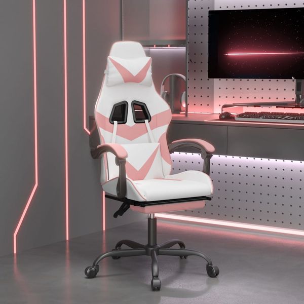 vidaXL Otočná herná stolička s podnožkou biela a ružová umelá koža