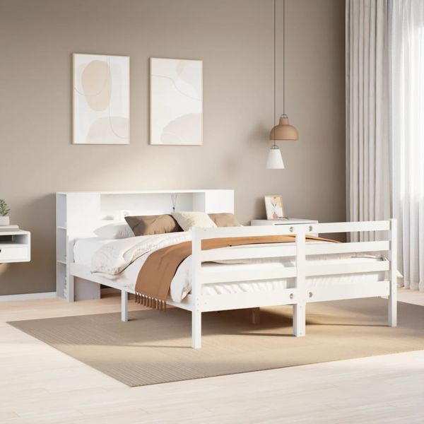 vidaXL Posteľ s knižnicou bez matraca biela 150x200cm borovicový masív