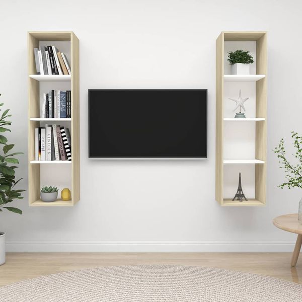 vidaXL Nástenné TV skrinky 2 ks, biela a dub sonoma, kompozitné drevo