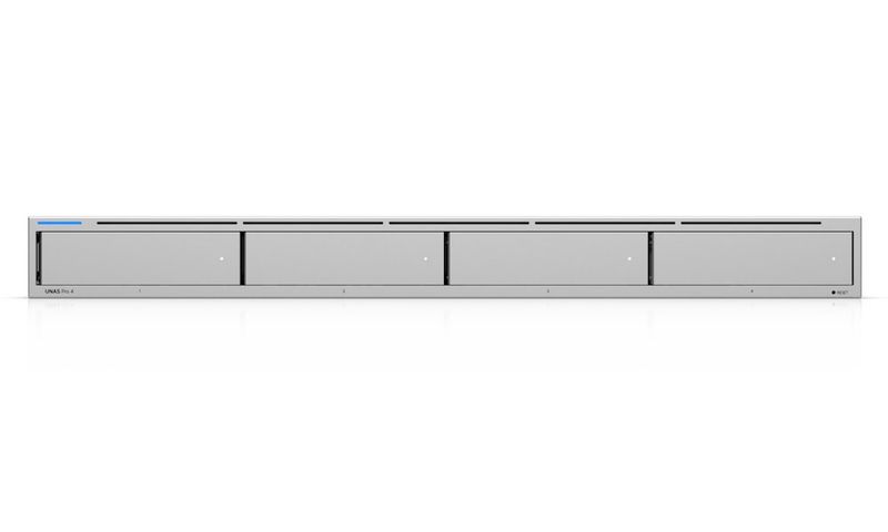 Ubiquiti UniFi UNAS Pro 4 - NAS server, 4x 2,5/3,5" slot HDD/SSD, 2x M.2 NVMe, RAID, 1GbE, 2x SFP+ NAS, 1U rack-mount, 4× 3,5" HDD, 2× M.2 NVMe, 2× 10G SFP+, RAID 5/6/10, ARM Cortex-A57, 8GB RAM, 150W