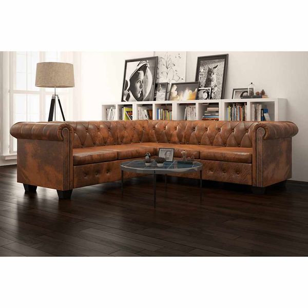 vidaXL Rohová pohovka Chesterfield, 5-miestna, umelá koža, hnedá