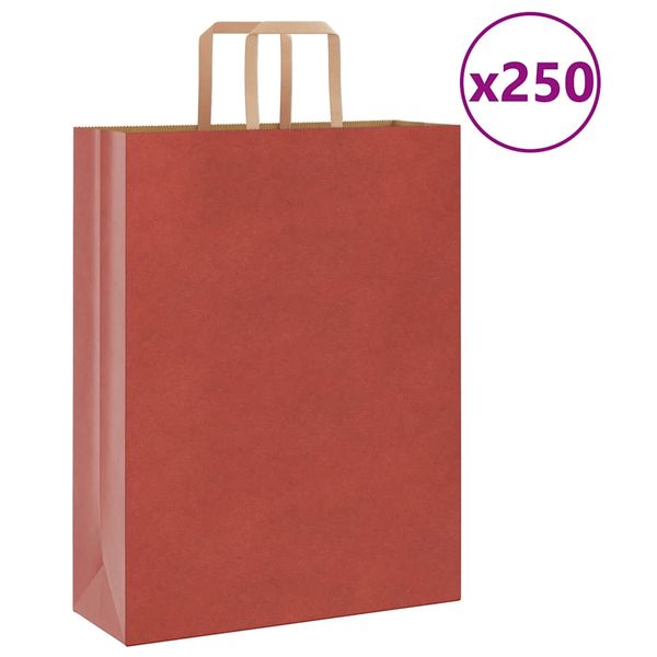 vidaXL Papierové tašky 250 ks s rúčkami, červené, 32x12x42 cm