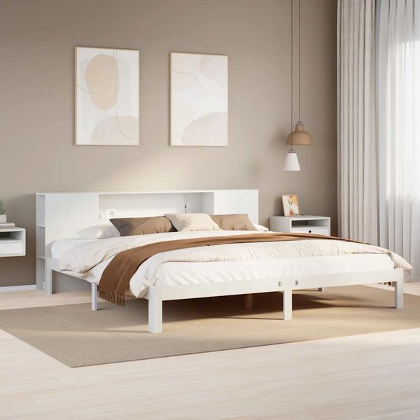 vidaXL Posteľ s knižnicou bez matraca biela 200x200cm borovicový masív