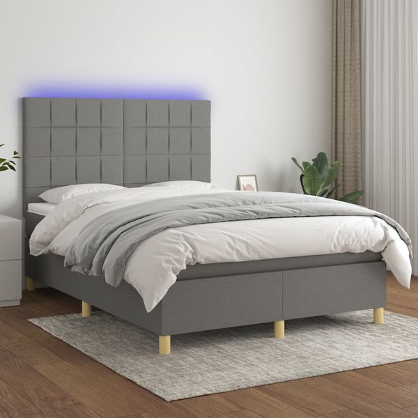 vidaXL Posteľ boxsping s matracom a LED tmavosivá 140x200 cm látka