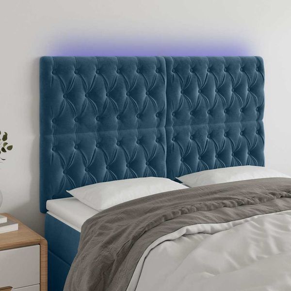 vidaXL Čelo postele s LED tmavomodré 160x7x118/128 cm zamat