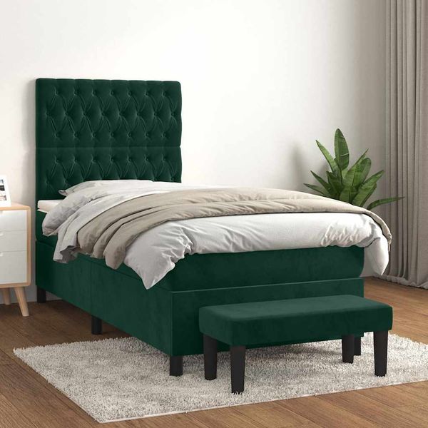 vidaXL Posteľný rám boxsping s matracom tmavozelený 90x200 cm zamat