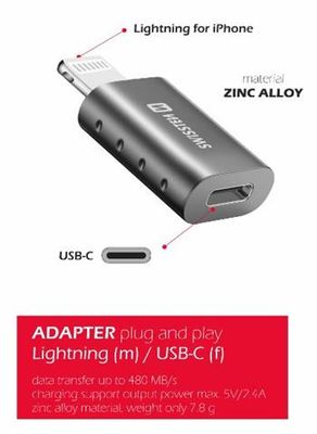 SWISSTEN ADAPTER LIGHTNING(M)/USB-C(F) Adaptér, USB-C na Lightning, 5Gb/s, 3A, šedý