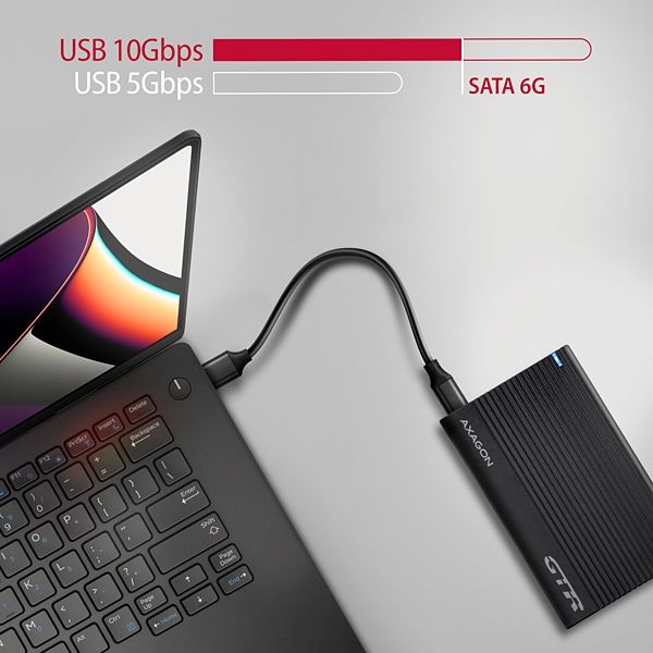 AXAGON EE25-GTR, USB-C 10Gbps - SATA 6G 2.5" RIBBED box, čierny Box na disk, externý, pre 2,5" HDD/SSD, USB-C 3.2 Gen2, SATA III, hliník, čierny