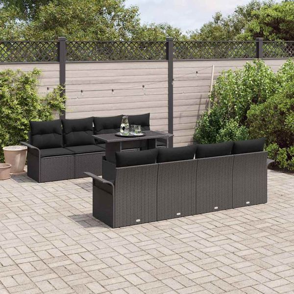 vidaXL Súprava záhradných pohoviek s vankúšom 9 pcs Čierna Poly Ratan