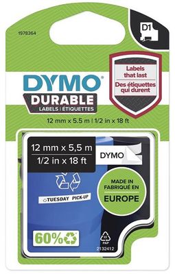 páska DYMO 1978364 D1 Black On White Permanent Vinyl Tape (12mm)
