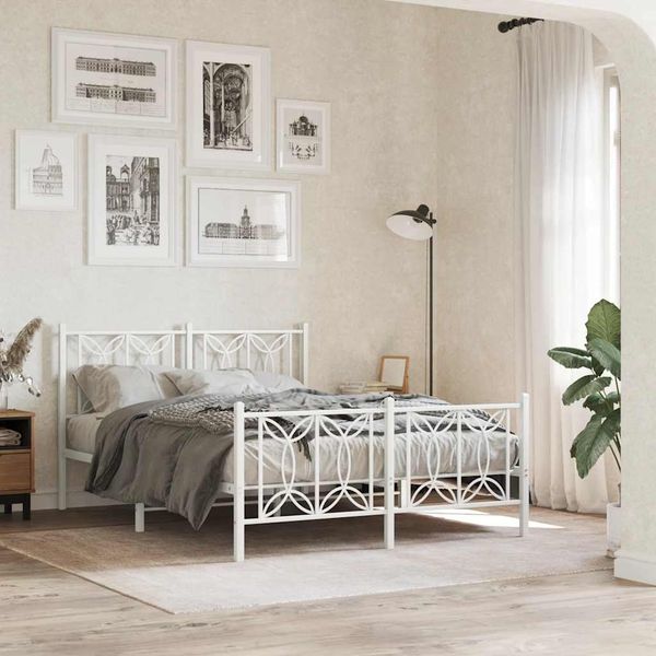 vidaXL Kovový rám postele s čelom a podnožkou biely 135x190 cm