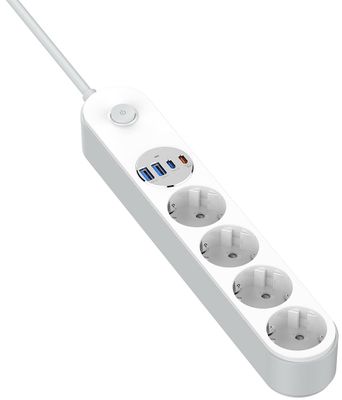 COLORWAY Prodlužovací napájecí přívod/ 4x Schuko/ 2x USB-C 20W/ 2x USB-A/ kabel 2m prodlužovací kabel, 4 zásuvky, 2× USB-C PD 20 W, 2× USB-A QC 3.0, prepetová ochrana, AUTO-ID, 2 m, bílý