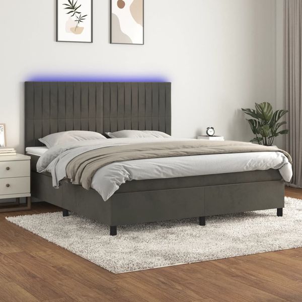 vidaXL Posteľ boxsping s matracom a LED tmavosivá 180x200 cm zamat