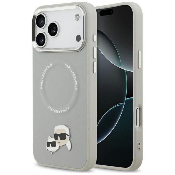 Obal Karl Lagerfeld Magsafe PU s kolíkmi hláv Karl&Choupette, logom a kovovými tlačidlami fotoaparátu pre iPhone 17 Pro sivý
