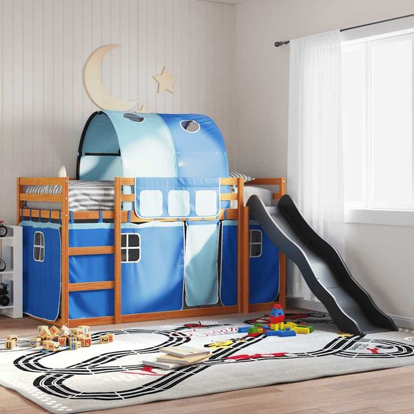 vidaXL Poschodová posteľ šmykľavka a závesy modrá 80x200 cm