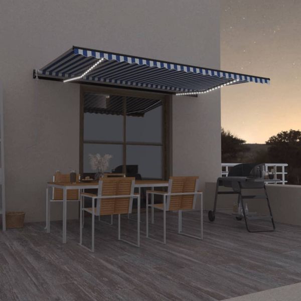 vidaXL Automatická markíza, LED a senzor vetra 500x300 cm, modrá/biela
