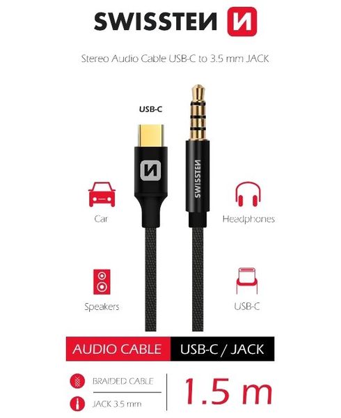 SWISSTEN AUDIO ADAPTÉR TEXTILE USB-C (samec)/3,5 mm JACK (samec) 1,5M ČIERNY Kábel, prepojovací, USB-C na 3,5mm jack, textilný oplet, 1,5m, čierny