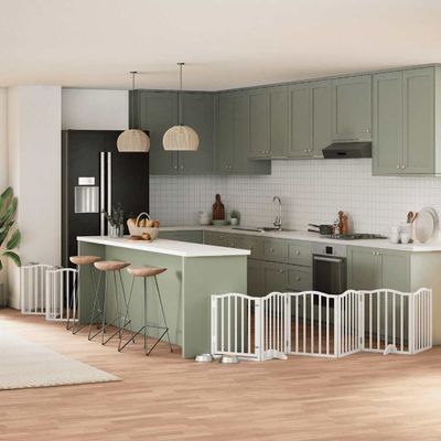 vidaXL Brána pre psa s dverami sklad. 15pan.biela 750cm topoľové drevo