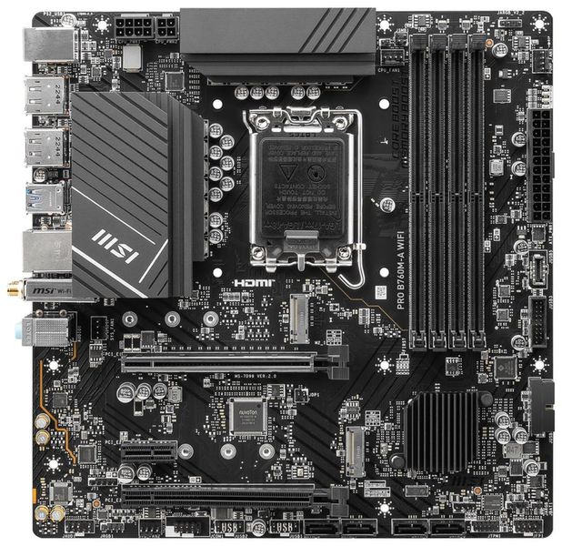 OPRAVENÉ - MSI PRO B760M-A WIFI / Intel B760 / LGA1700 / 4x DDR5 / 2x M.2 / 2x HDMI / 2x DP / WiFi / mATX Základní deska, Intel B760, LGA1700, 4× DDR5 DIMM (max. 192GB), 2× M.2, Wi-Fi, 2× DisplayPort, 2× HDMI, mATX - OPRAVENÉ