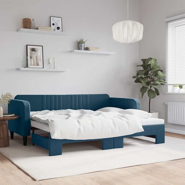 vidaXL Denná posteľ s rozkladacou posteľou modrá 90x200 cm zamat