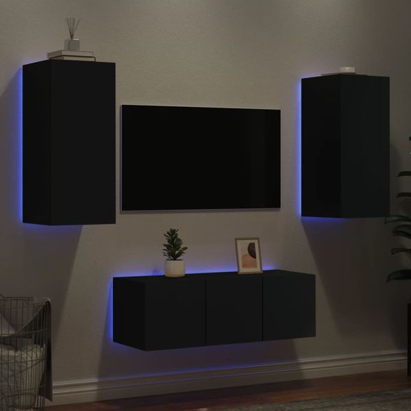 vidaXL 4-dielne TV nástenné skrinky s LED čierne kompozitné drevo