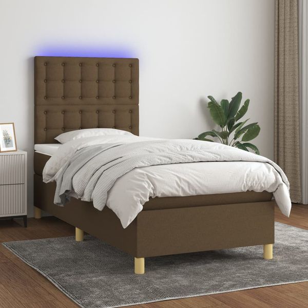 vidaXL Posteľ boxsping s matracom a LED tmavohnedá 90x200 cm látka