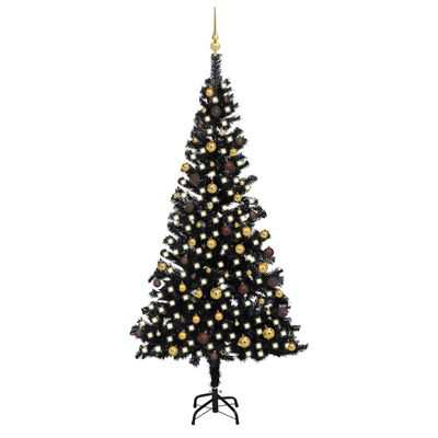 vidaXL Osvetlený umelý vianočný stromček s guľami, čierny 240 cm, PVC