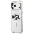 Puzdro Karl Lagerfeld Magsafe IML trblietavé s kovovým rámom fotoaparátu a tlačidlami a logom Karl a Choupette pre iPhone 17 Pro Max číre