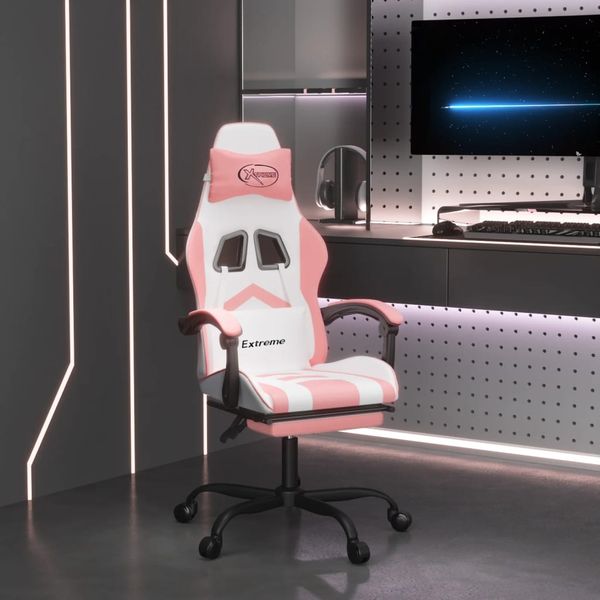 vidaXL Otočná herná stolička s podnožkou biela a ružová umelá koža